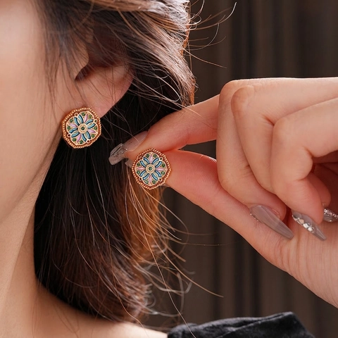 Orecchini A Lobo In Smalto Ottagonali Vintage Gioielli Geometrici In Zircone Con Perno In Argento Sterling 925