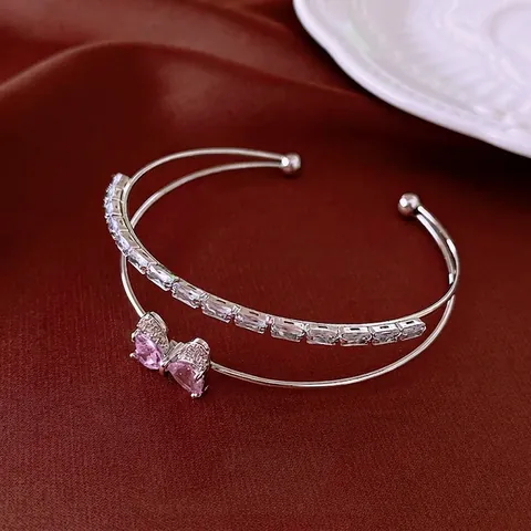 Dubbellaagse Open Armband Koper Met Roze Zirkoon Boog En Rechthoekige Zirkoon Verstelbare Bangle Zoet Elegant Vrouwen