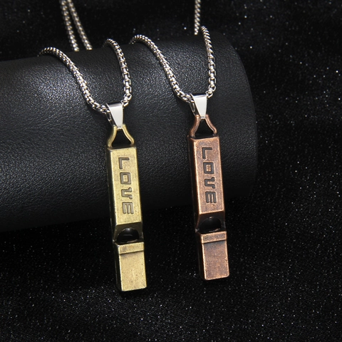 Collana Fischietto Pendente Retrò Distressed Lega Catena Acciaio Inossidabile Funzionale Fischiabile Amore Inciso Gioielli