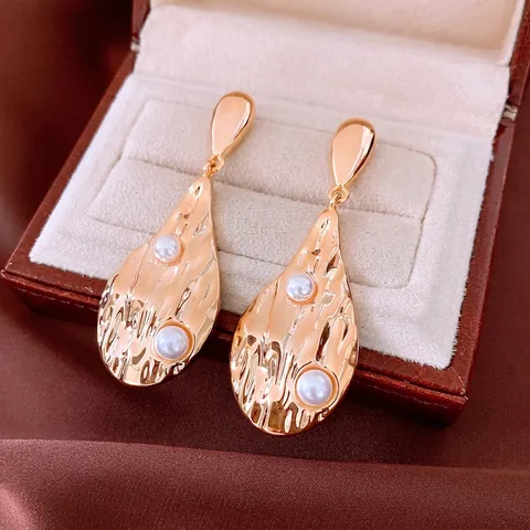 Vintage Waterdrop Drop Earrings Hammered Texture 18K Gold Plated With Artificial Pearls And 925 Sterling Silver Earring Post Women