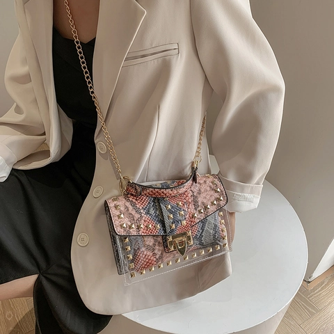 Women Transparent PVC Graffiti Shoulder Bag PU Snake Pattern Studded Rivet Gold Chain Crossbody Handbag Fashionable