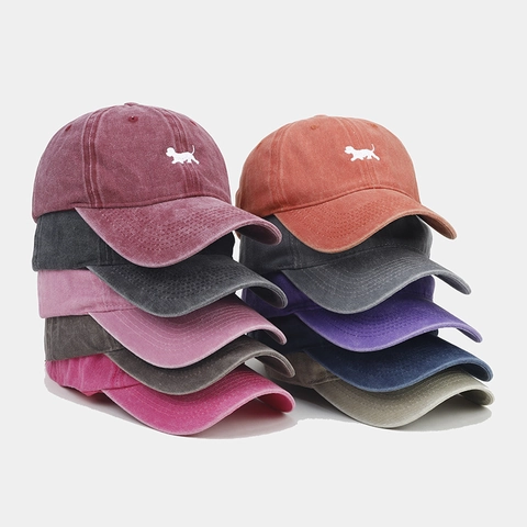 Casquette De Baseball En Coton Lavé Vintage Broderie Petit Chien Haut Souple Bord Incurvé Ajustable Chapeau De Soleil Rétro