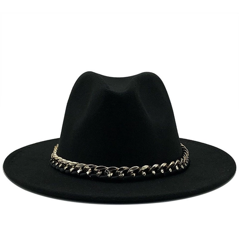 Chapeau Fedora À Bord Large Pour Femmes Hommes Feutre De Laine Jazz Avec Chaîne Dorée Style Vintage Élégant