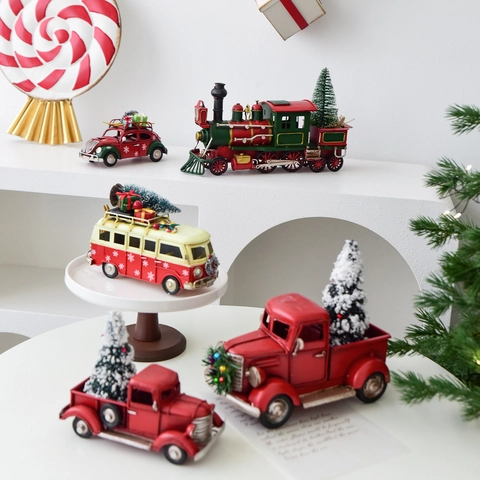 Vintage Metal Christmas Vehicle Ornament Retro Red Truck Train Bus Model With Mini Tree Holiday Desktop Decor