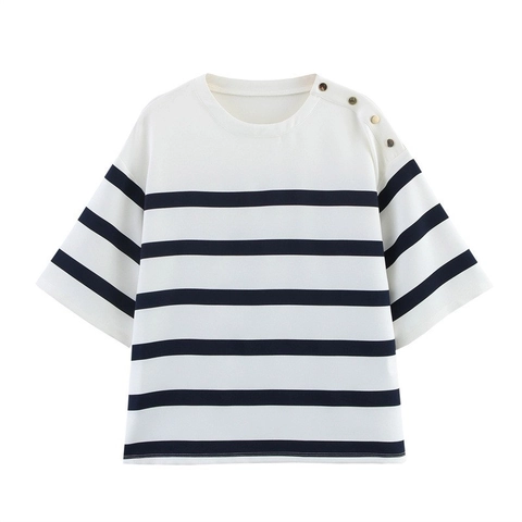 Completo Due Pezzi A Righe Da Donna Poliestere Top A Maniche Corte E Pantaloncini Con Bottoni Decorativi Outfit Estivo Casual