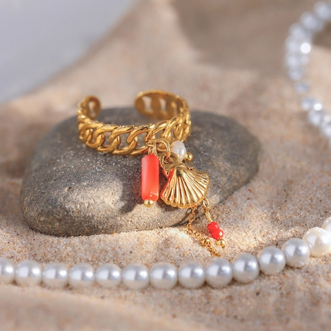 Anillo Bohemio Con Dijes De Perla Artificial Coral Concha Acero Inoxidable Chapado En Oro 18K Banda Abierta Ajustable Mujer