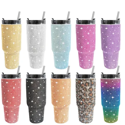 Rhinestone Studded Stainless Steel Insulated Tumbler Bling Travel Mug With Lid And Straw Vacuum Car Cup Sparkling Glitter