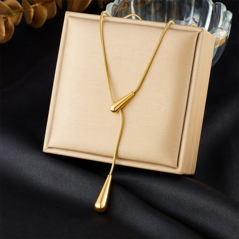 Stainless Steel Y Shaped Lariat Necklace For Women Water Drop Pendant Gold Plated Snake Bone Chain Minimalist Jewelry