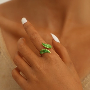 Wald Natur Grüne Blätter Offener Ring Für Damen Edelstahl Vergoldet Emaille Blatt Verstellbarer Fingerring Schmuck