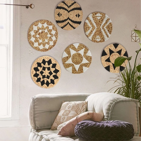 Decorazione Da Parete Con Cesti Intrecciati A Mano In Paglia Naturale E Rattan Stile Boho Con Motivi Geometrici Per Interni