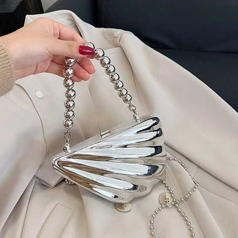 Borsa Da Sera A Forma Di Conchiglia Acrilico Metallico Borsa A Tracolla Con Cinturino Di Perline E Catena In Metallo Per Donna