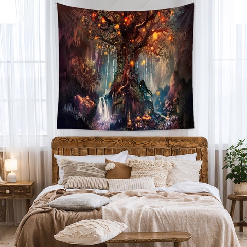 Fantasy Tree Of Life Wall Tapestry Mystical Forest With Glowing Lanterns Waterfall Bohemian Polyester Fabric For Room Decor