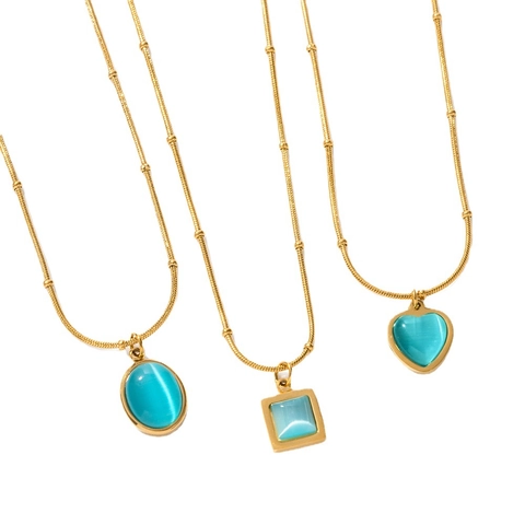 Collar con Colgante de Acero Inoxidable Piedra de Ojo de Gato Artificial Azul Cuadrado Corazón Óvalo Geométrico Joyería Chapada en Oro Mujer