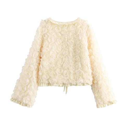 3D Rose Blume Netz Tüll Strickjacke Mit Bindeband Langarm Rundhals Französischer Süßer Stil Damen Jacke