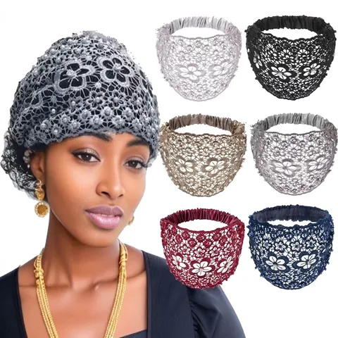Wide Lace Beaded Headband For Women Hollow Floral Hair Band With Imitation Artificial Pearls Rhinestones Vintage Elastic Headwrap