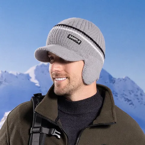 Men Winter Knit Hat With Ear Flaps Acrylic Fleece Lined Thermal Windproof Outdoor Sports Baseball Cap Style
