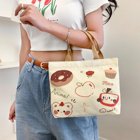 Cute Cartoon Print Canvas Handbag With Zipper Mini Tote Bag For Women Daily Commute Casual Minimalist Style Handbag
