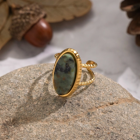 Vintage Natuursteen Open Ring Ovaal Afrikaanse Turkoois Roestvrij Staal Verstelbaar Sieraden Voor Vrouwen