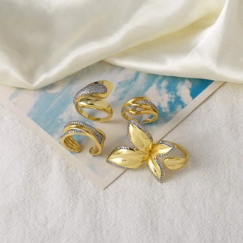 Adjustable Open Ring 18K Gold Plated Brass AAA Zircon Geometric Twist Flower Leaf Minimalist Luxury Jewelry For Women