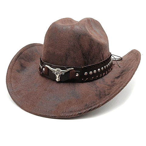 Cappello Da Cowboy Occidentale Vintage Tesa Larga Effetto Usato Stampa Serpente Poliestere Testa Di Toro E Cintura
