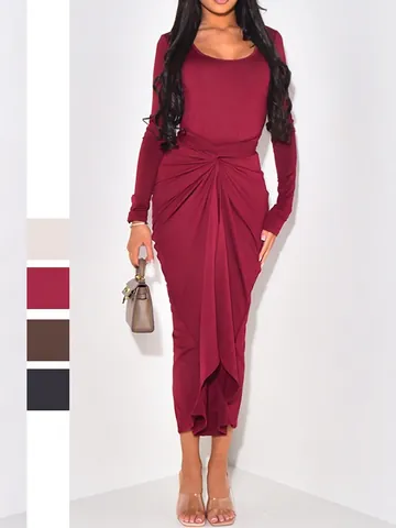 Elegantes Damen Maxi Kleid Langarm Rundhalsausschnitt Knoten Vorne Gerafft Bodycon Seitenschlitz Abendparty Langes Kleid
