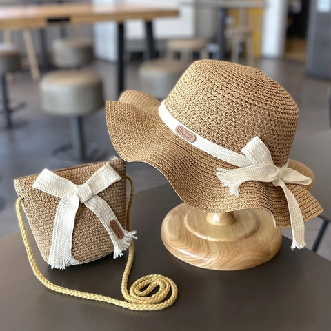 Kids Girls Straw Sun Hat And Crossbody Bag Summer Beach Sunshade Wavy Brim Ribbon Bow Decor Breathable Lightweight