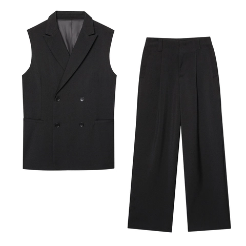 Women Double Breasted Vest And High Waist Wide Leg Pants Polyester Solid Color Business Casual Office Streetwear