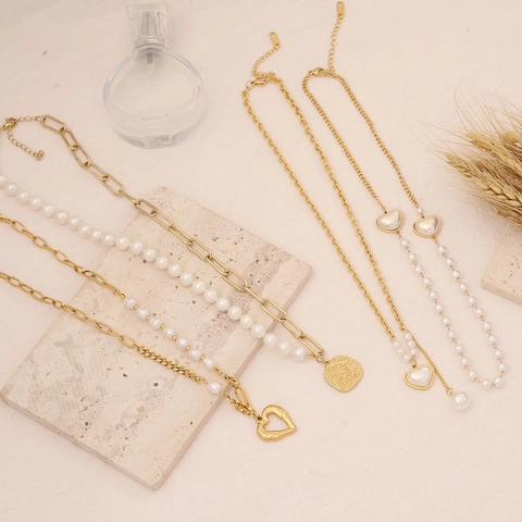 Herz Anhänger Halskette Mit Imitationsperlen Edelstahl Gold Vergoldet Gliederkette Für Damen Eleganter Schmuck
