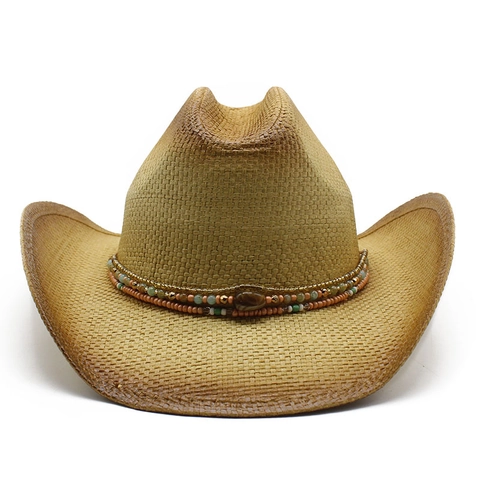 Western Cowboy Hat Woven Paper Straw Wide Brim Beaded Band Summer Travel Beach Sun Protection Vintage Ethnic Style For Men Women