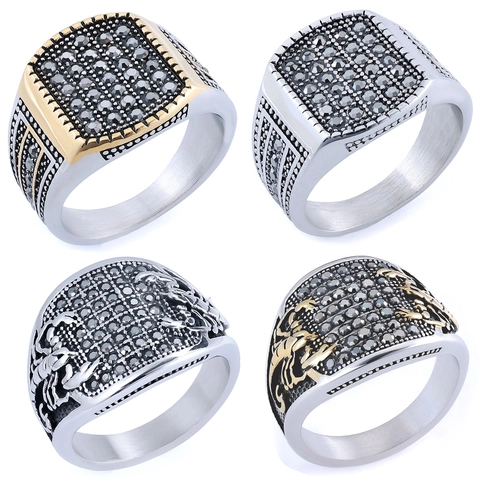 Men Signet Ring Stainless Steel With Scorpion Relief And Black Rhinestones Vintage Punk Hip Hop Jewelry