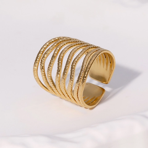 Ring Roestvrij Staal 18K Verguld Meerlaags Golfstructuur Verstelbaar Open Minimalistische Mode Sieraden Voor Vrouwen