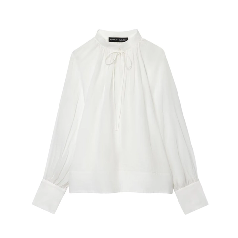 Damen Bluse Hemd Langarm Stehkragen Schluppenkragen Plissiert Laternenärmel Minimalistisch Elegant Atmungsaktiv Weiß