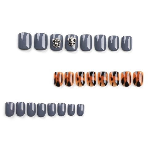 Artificial Nails Tortoiseshell Leopard Print Dark Grey Short Square Fake Nail Tips Metal Relief Retro Style Elegant