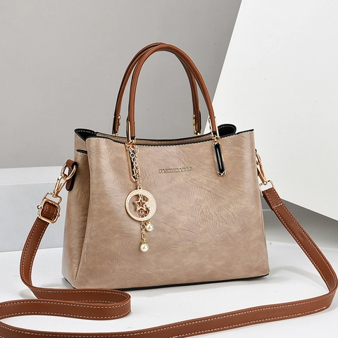 Elegant Women PU Leather Handbag Shoulder Bag Large Capacity Contrast Color With Star Moon Artificial Pearl Pendant Detachable Strap