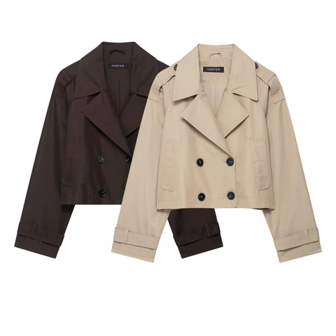 Damen Kurz Trenchcoat Doppelreihig Revers Polyester Gewebte Jacke Mit Schulterklappen Verstellbare Manschetten Lässige Elegante