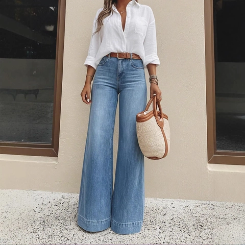Women High Waisted Wide Leg Jeans Retro Washed Cotton Polyester Loose Fit Slimming Tall Denim Trousers Casual Streetwear