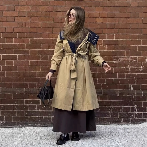 Dames Lange Trenchcoat Marineblauw Contrast Matrozenkraag Taille Kaki Casual Chique Elegante Franse Stijl