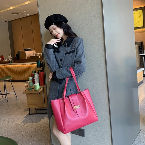 Women Large Capacity Tote Bag And Mini Pouch PU Leather Litchi Grain Magnetic Buckle Fashionable Solid Color Handbag