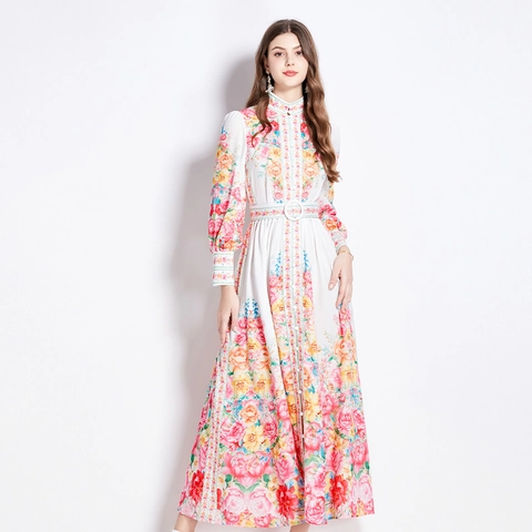 Vestito Maxi Donna Chiffon Stampa Floreale Maniche Lunghe Collo Alto Cintura Elegante Stile Palazzo Vintage