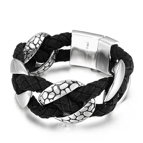 Bracciale Da Uomo In Pelle Intrecciata Con Chiusura In Acciaio Inossidabile 316L Texture A Scaglie Punk Retro
