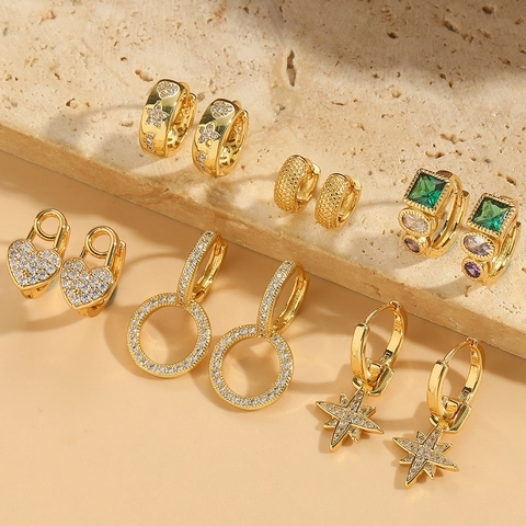Vintage Gold Plated Copper Zircon Heart Star Geometric Hoop Earrings With Silver Earring Post Fashion Jewelry For Women