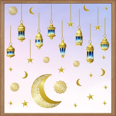 Ramadan Kareem Eid Mubarak Adesivi Murali Oro Luna Stella Lanterna PVC Decalcomanie Autoadesive Decorazione Casa