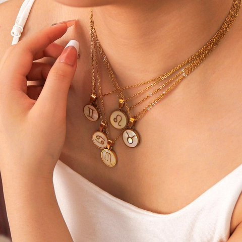 Sterrenbeeld Hanger Ketting 18K Verguld Roestvrij Staal Witte Schelp Rond Medaillon Constellatie Sieraden Voor Dames