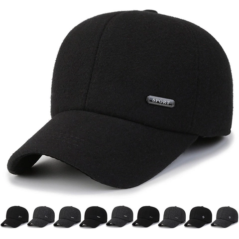 Casquette De Baseball Chaude D'Hiver En Coton Laine Avec Protection D'Oreilles Coupe-Vent Ajustable Étiquette Métallique Pour Hommes