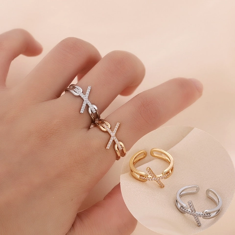 Adjustable Copper Ring Women Zircon Inlaid Cross X Shape Open Finger Jewelry Elegant Vintage