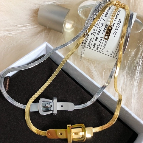 Stainless Steel Snake Chain Necklace Belt Buckle Design Hip Hop Punk Style Clavicle Choker For Women