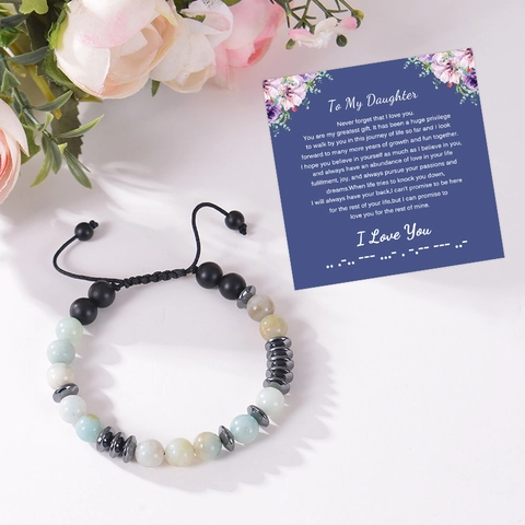 Handmade Morse Code Beaded Bracelet Amazonite Matte Agate Natural Stone Adjustable Braided Rope Inspirational Card Gift Family