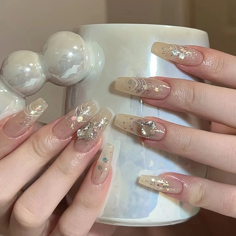 Unghie Finte Press On Lungo Ballerina Cuore Strass Argento Glitter Lucido Artificiale Manicure Accessorio Donne