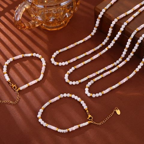 French Style Beaded Necklace And Bracelet Stainless Steel Sea Shell Elegant Gold Tone Accessories For Women