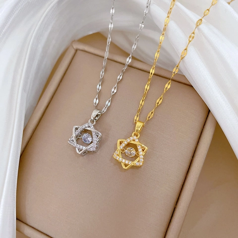 Collana Con Ciondolo Esagramma Catena In Acciaio Inossidabile E Rame Zirconia Cubica Pietra Danzante Gioielli Per Donna